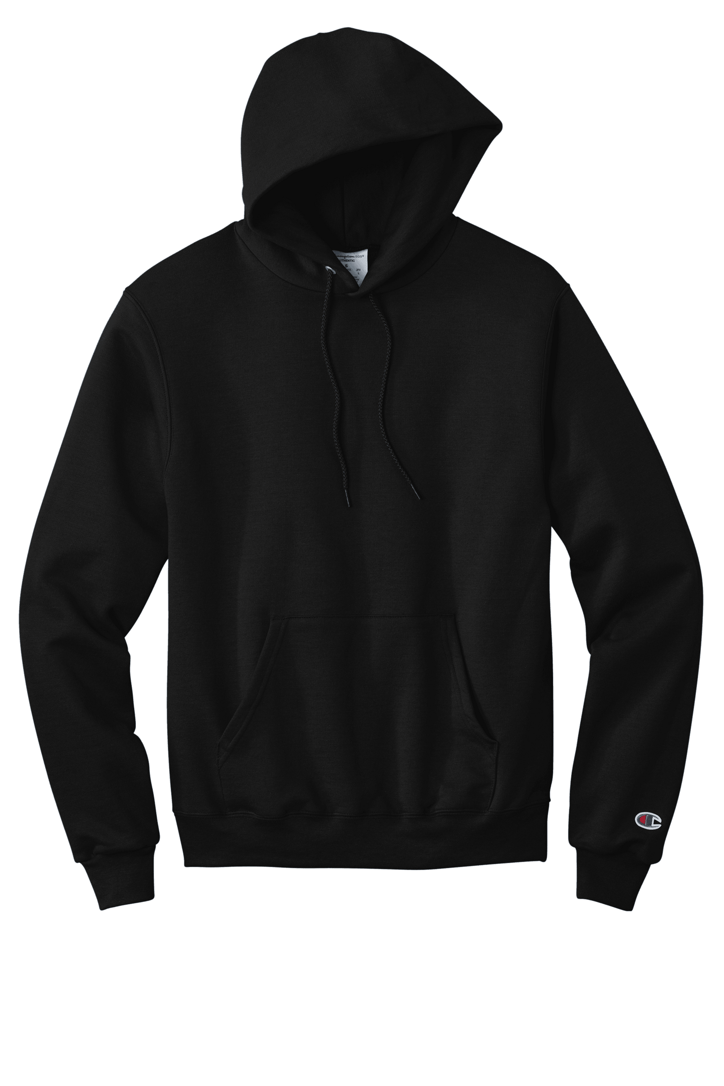 Black Champion Powerblend hoodie with custom logo print, soft fleece material, classic fit, ideal for casual wear.