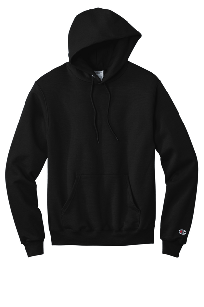 Black Champion Powerblend hoodie with custom logo print, soft fleece material, classic fit, ideal for casual wear.