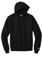 Black Champion Powerblend hoodie with custom logo print, soft fleece material, classic fit, ideal for casual wear.
