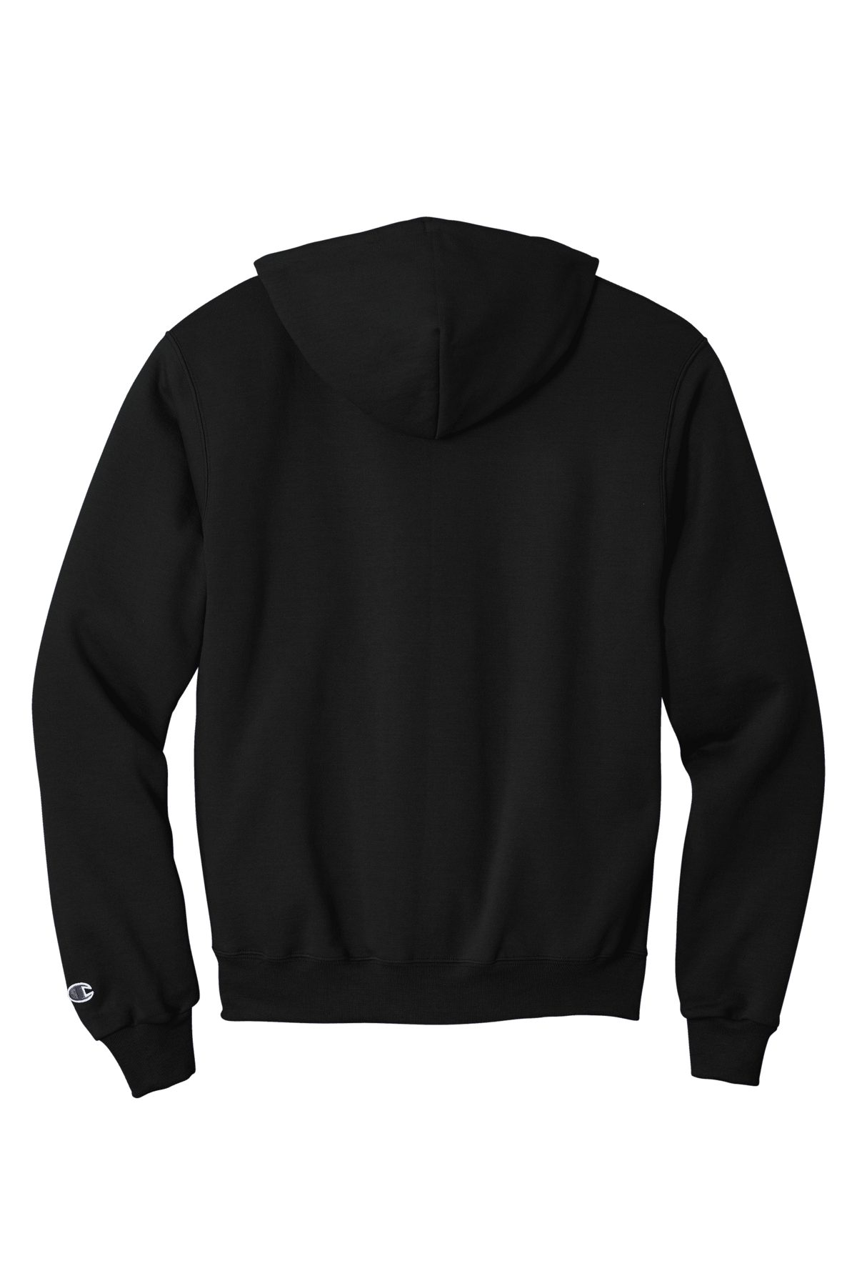 Black Champion Powerblend hoodie with custom logo print, soft fleece fabric, classic fit, shown from the back.