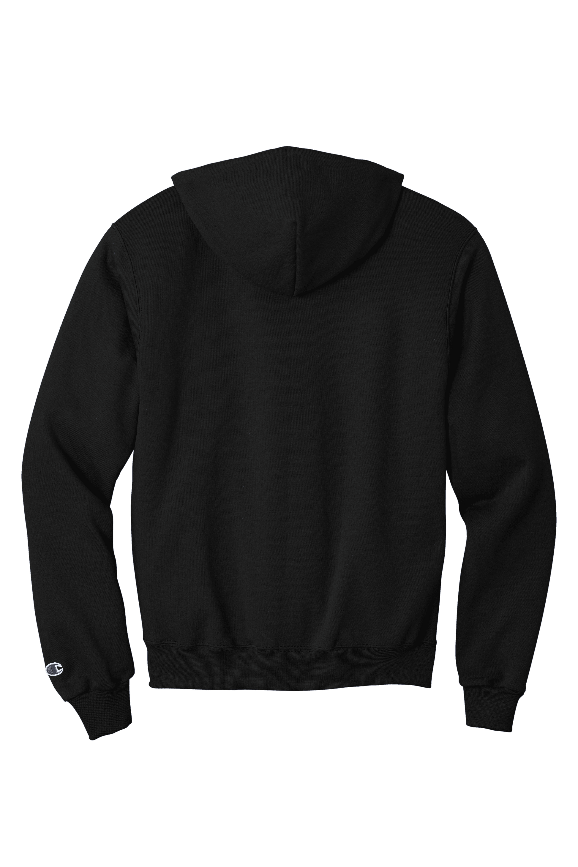 Black Champion Powerblend hoodie with custom logo print, soft fleece fabric, classic fit, shown from the back.