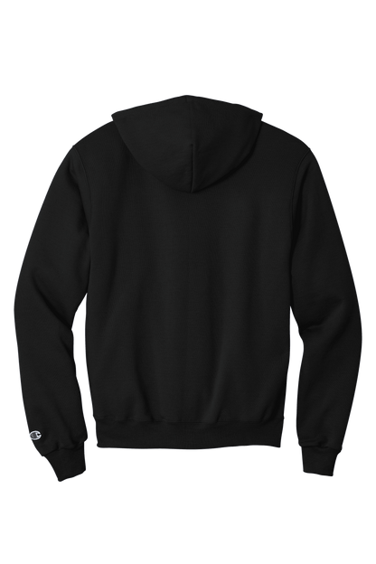 Black Champion Powerblend hoodie with custom logo print, soft fleece fabric, classic fit, shown from the back.