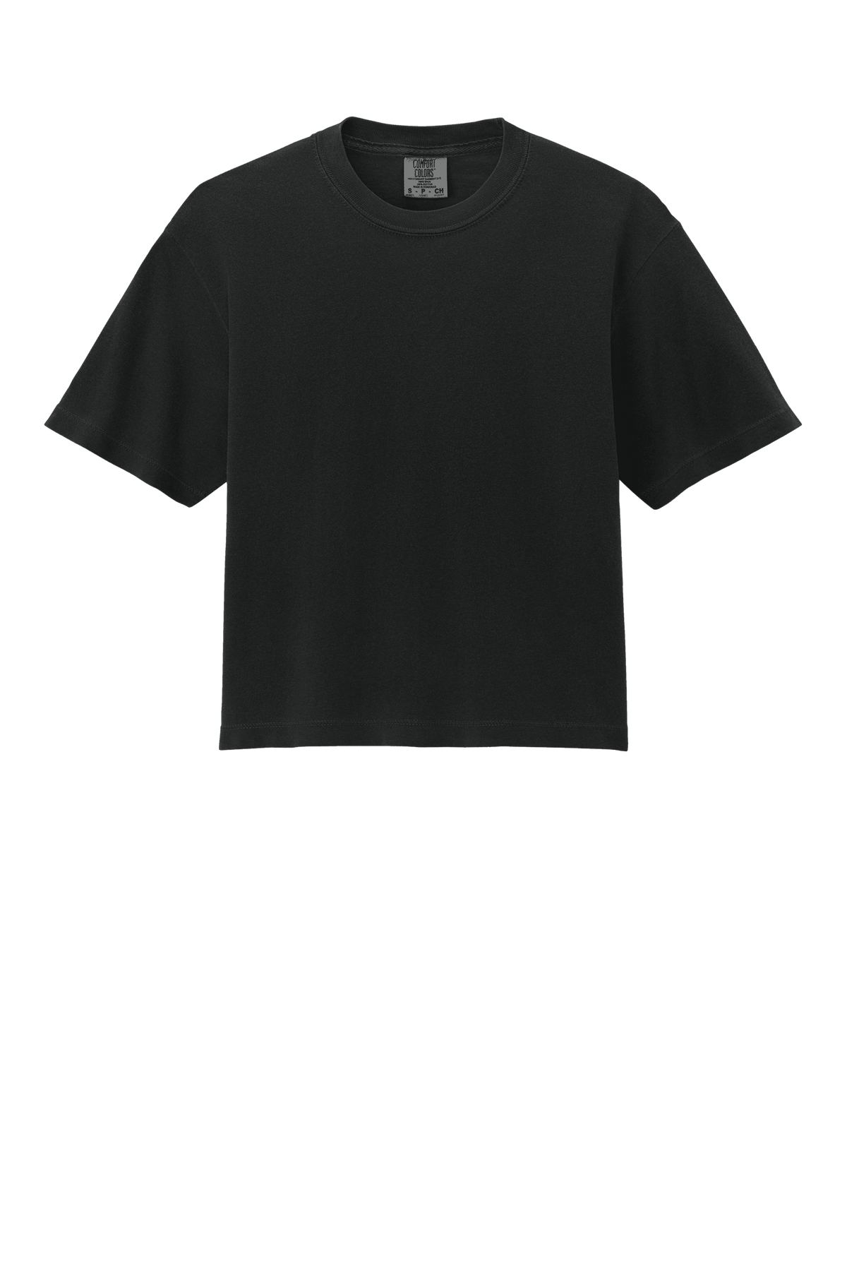 Black Comfort Colors women's heavyweight garment-dyed boxy crop top with relaxed fit and custom print.