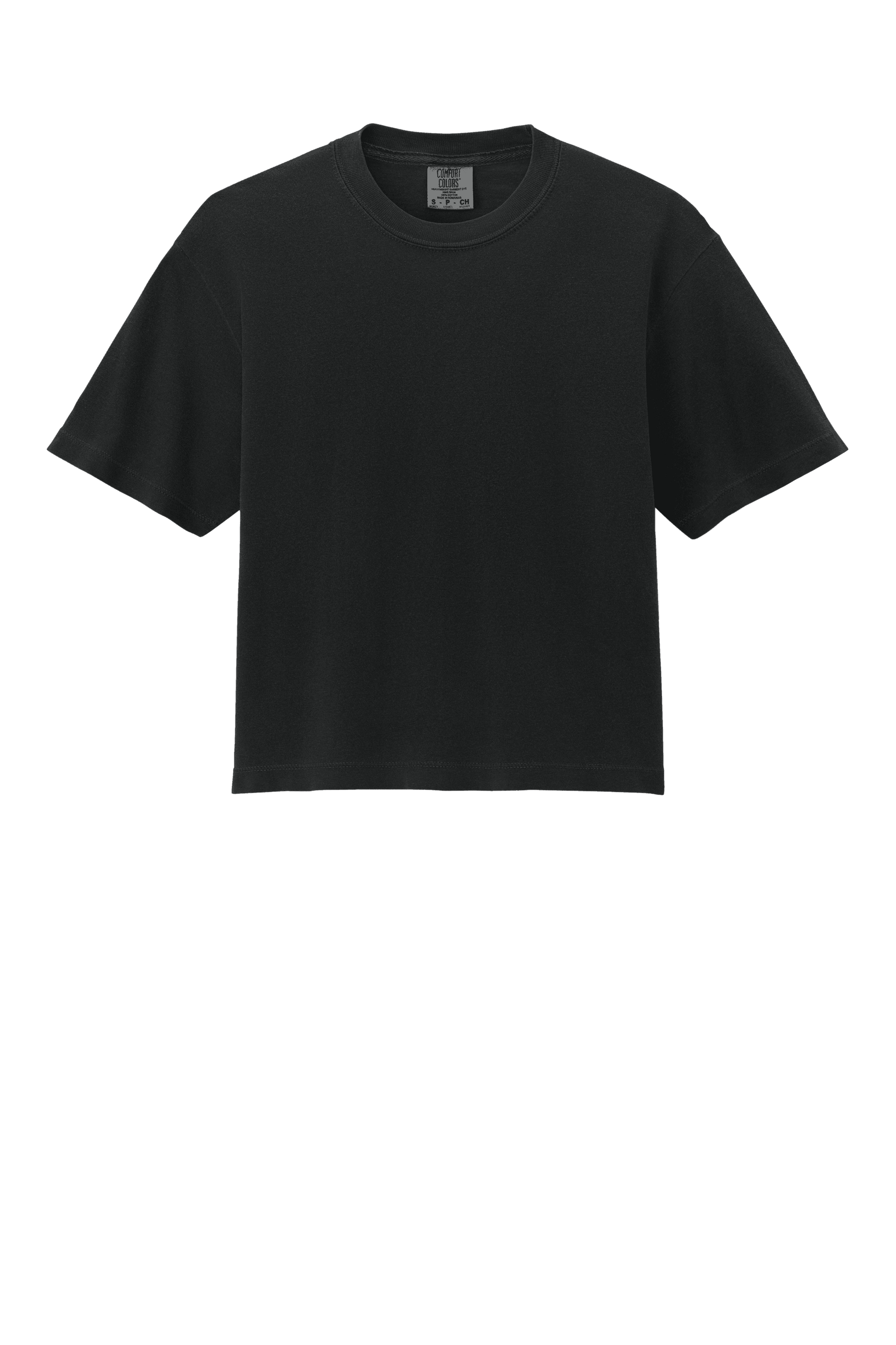 Black Comfort Colors women's heavyweight garment-dyed boxy crop top with relaxed fit and custom print.