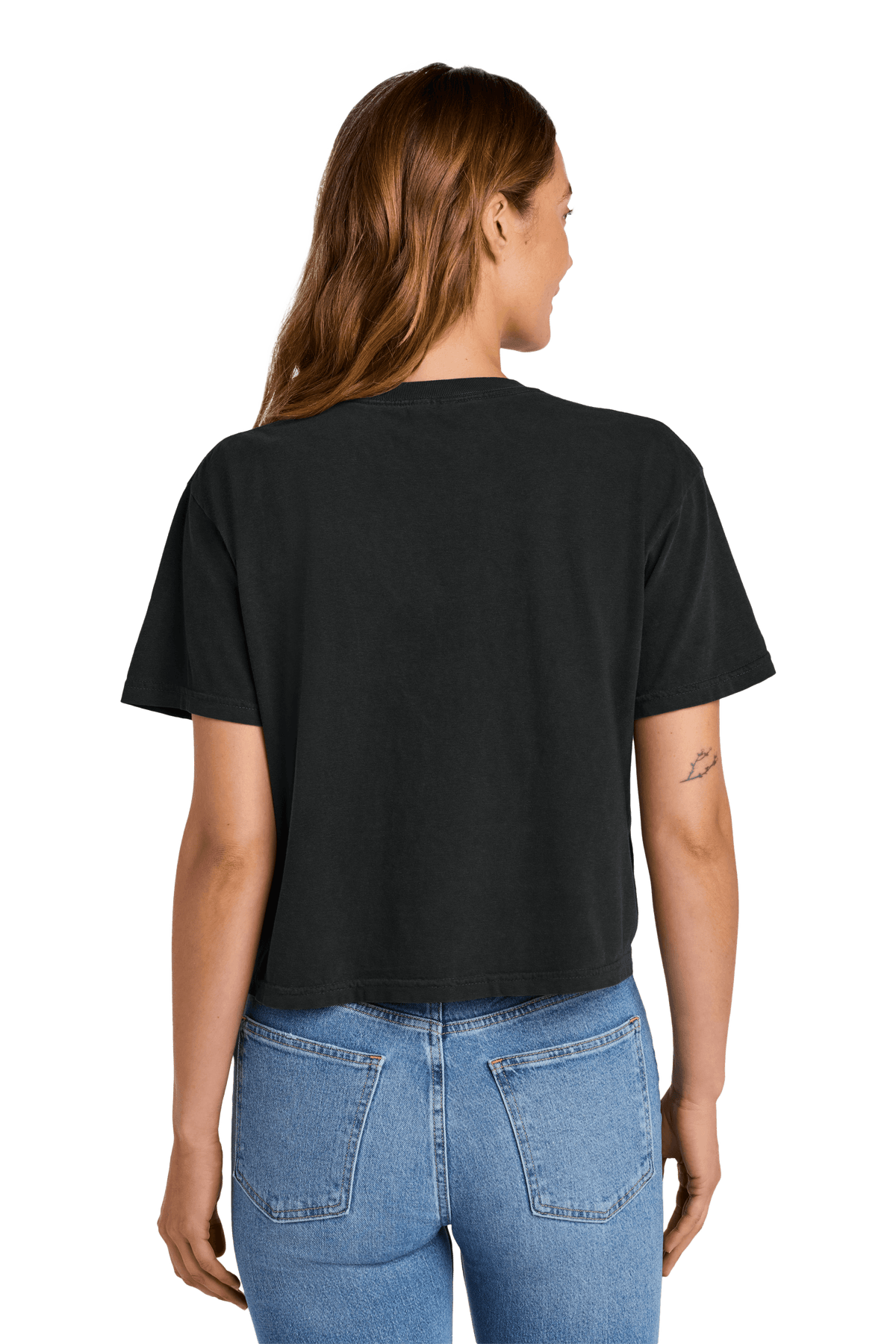 Black Comfort Colors women's heavyweight cropped boxy tee with relaxed fit and garment-dyed finish, shown from the back.