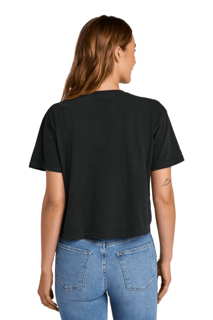 Black Comfort Colors women's heavyweight cropped boxy tee with relaxed fit and garment-dyed finish, shown from the back.