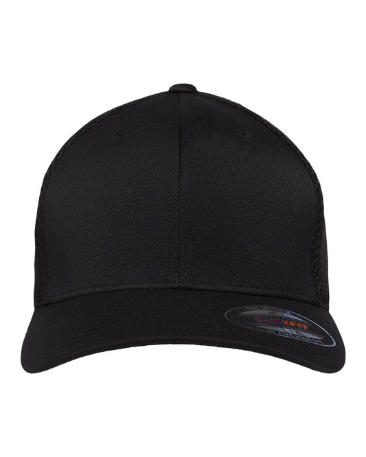 Black fitted mesh cap by Print-View with colorful print design, showcasing a snug fit and adjustable strap.