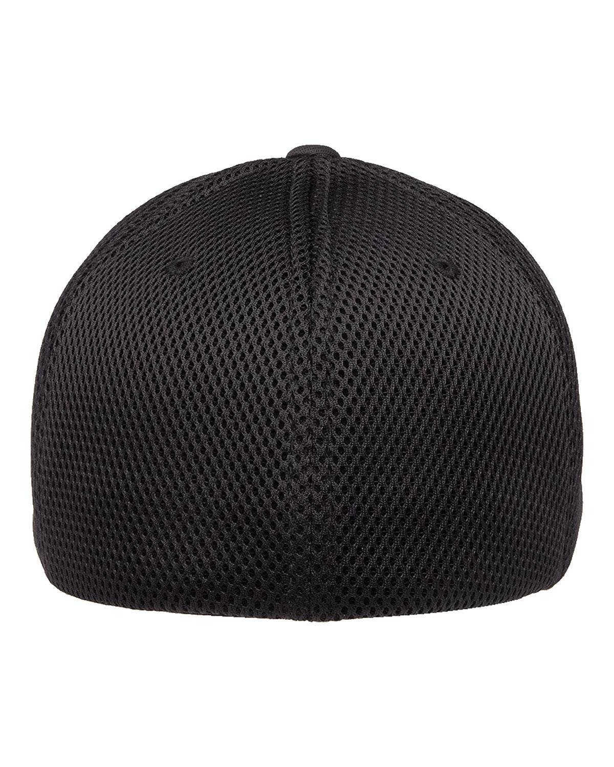 Black Print-View fitted mesh cap with printed design, showcasing the back view of the stylish, customizable fitted hat.