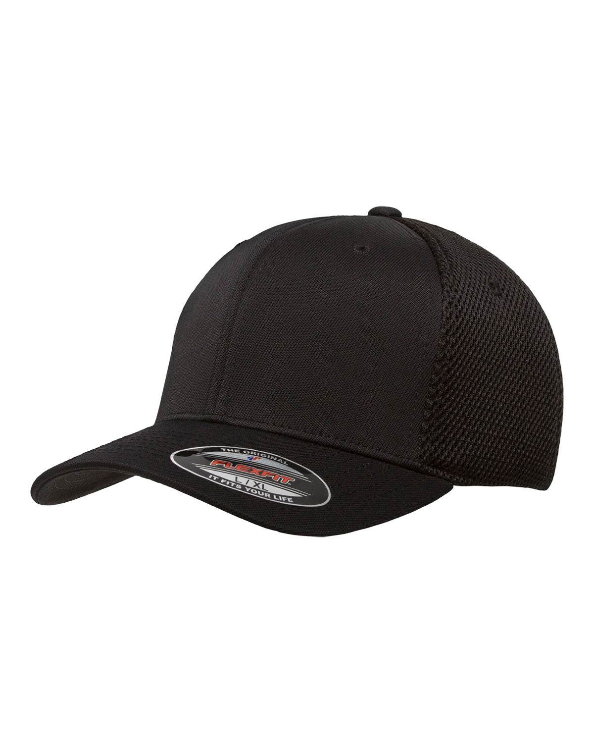 Black Print-View fitted mesh cap with print design, showing the left side of the adjustable brim and breathable mesh fabric.