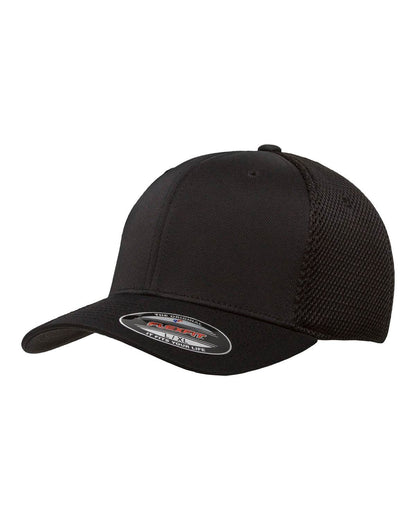 Black Print-View fitted mesh cap with print design, showing the left side of the adjustable brim and breathable mesh fabric.
