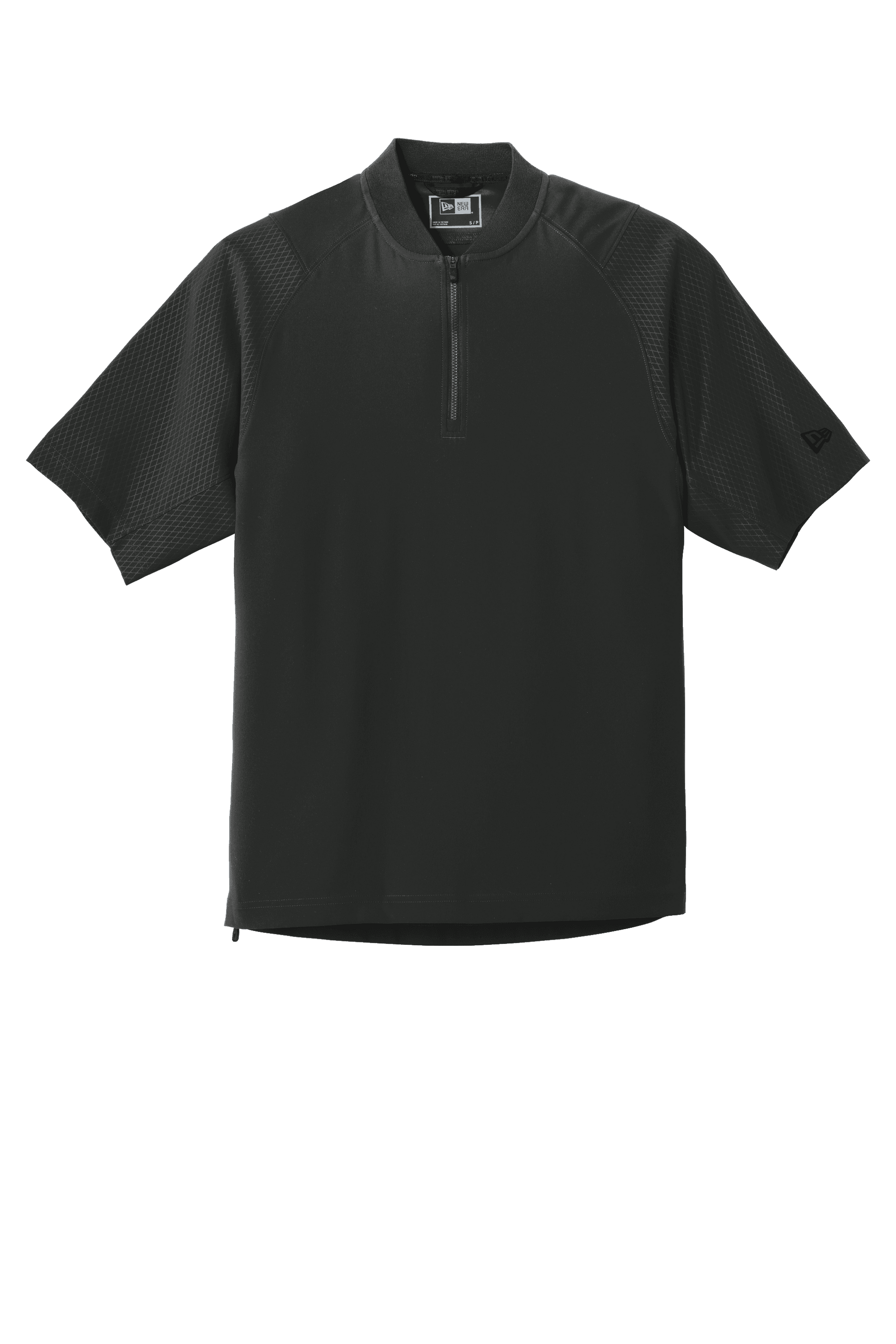 Black New Era cage short sleeve quarter zip jacket with custom print, featuring a sleek design and lightweight fabric.