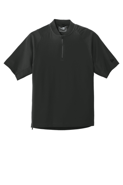 Black New Era cage short sleeve quarter zip jacket with custom print, featuring a sleek design and lightweight fabric.