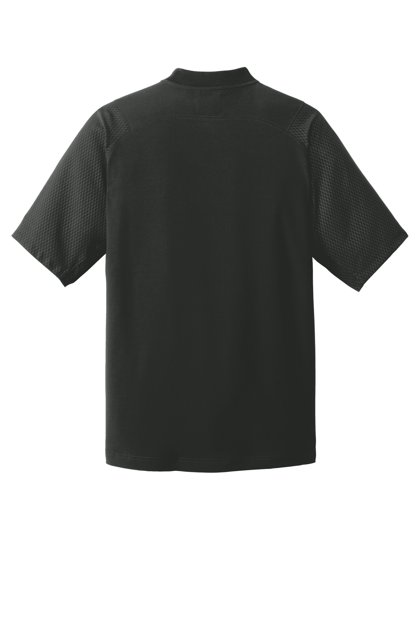 Black New Era cage short sleeve quarter zip jacket with custom print design, displayed from the back view.