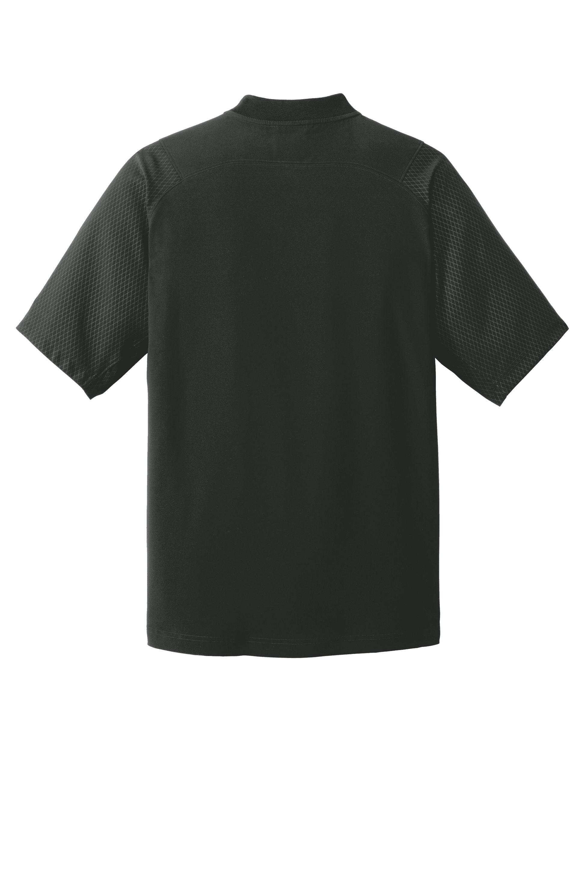 Black New Era cage short sleeve quarter zip jacket with custom print design, displayed from the back view.