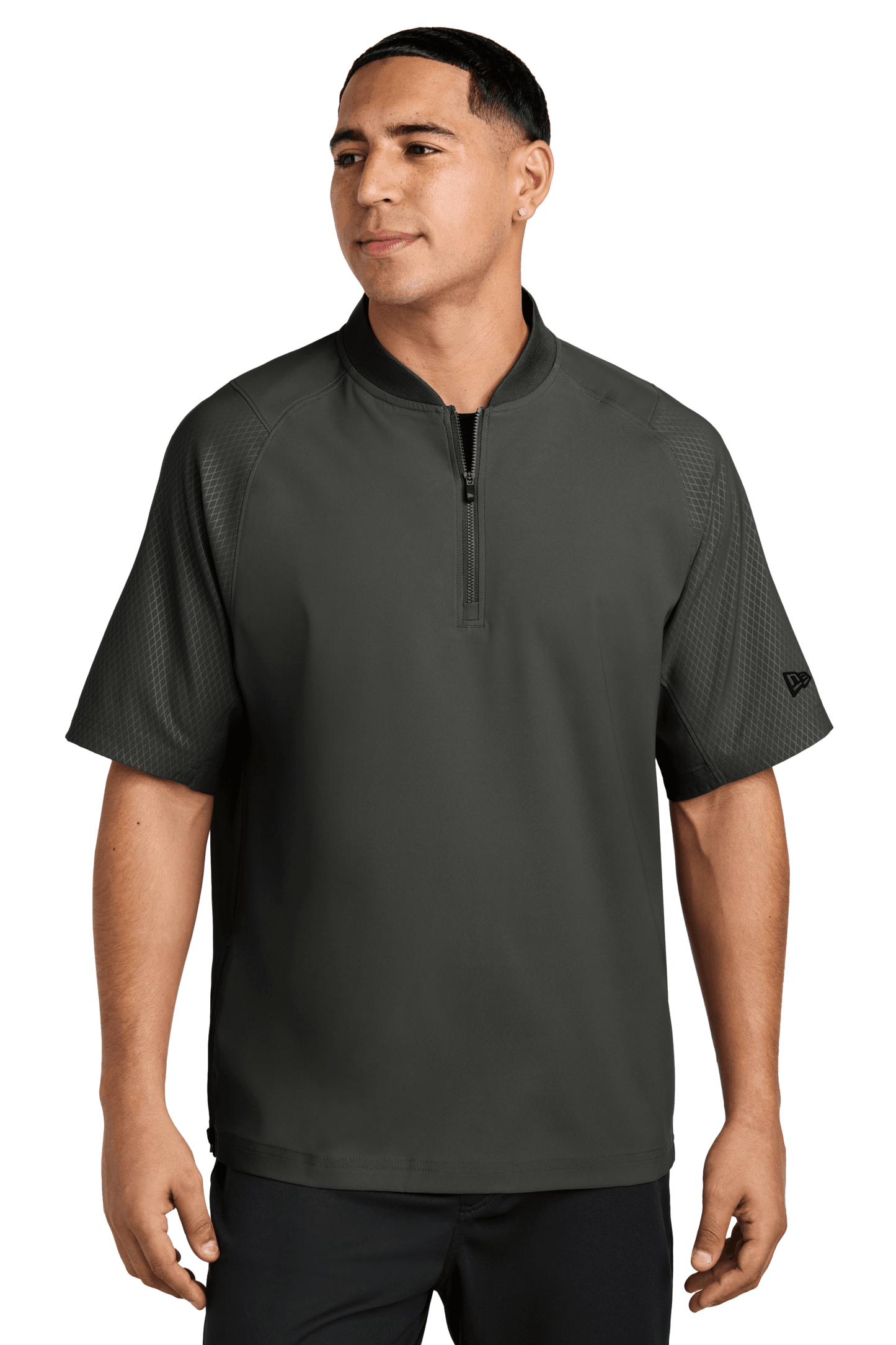 Black New Era cage short sleeve quarter zip jacket with custom print, featuring a sleek design and 1/4-zip closure.