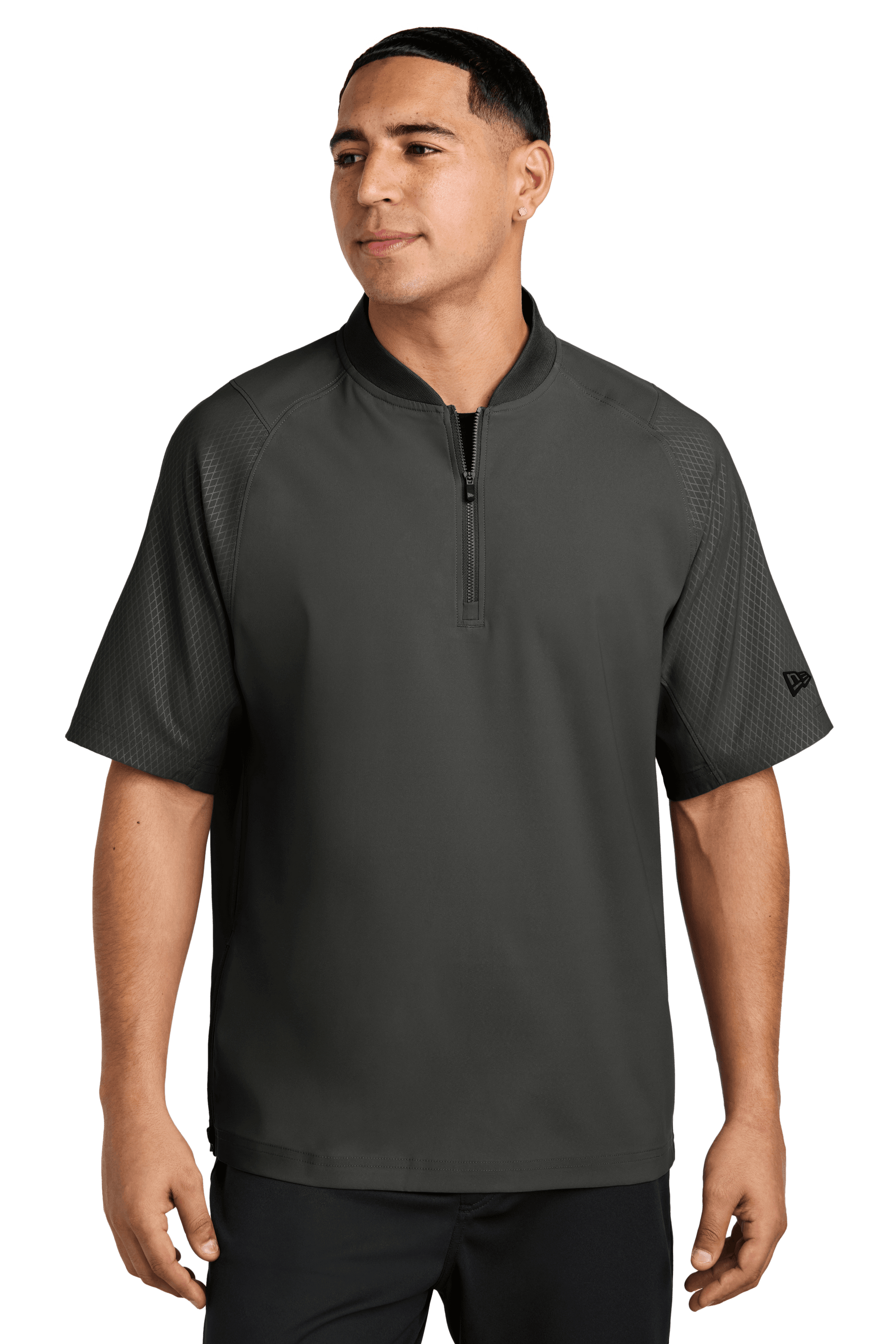 Black New Era cage short sleeve quarter zip jacket with custom print, featuring a sleek design and 1/4-zip closure.