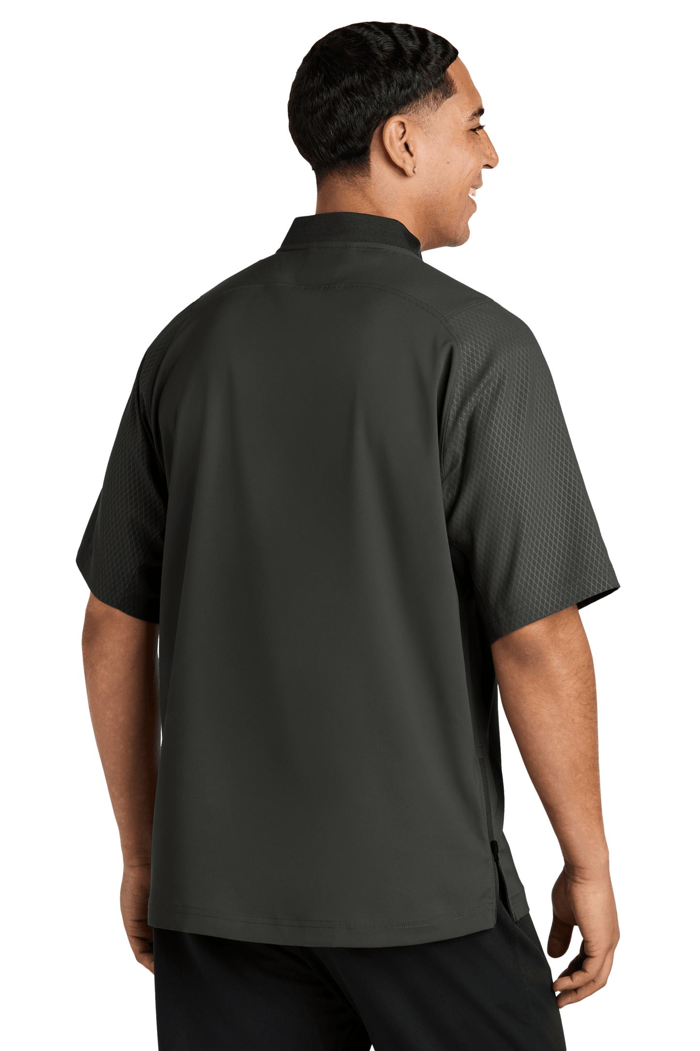 Black New Era cage short sleeve quarter zip jacket with custom print, shown from the back view.