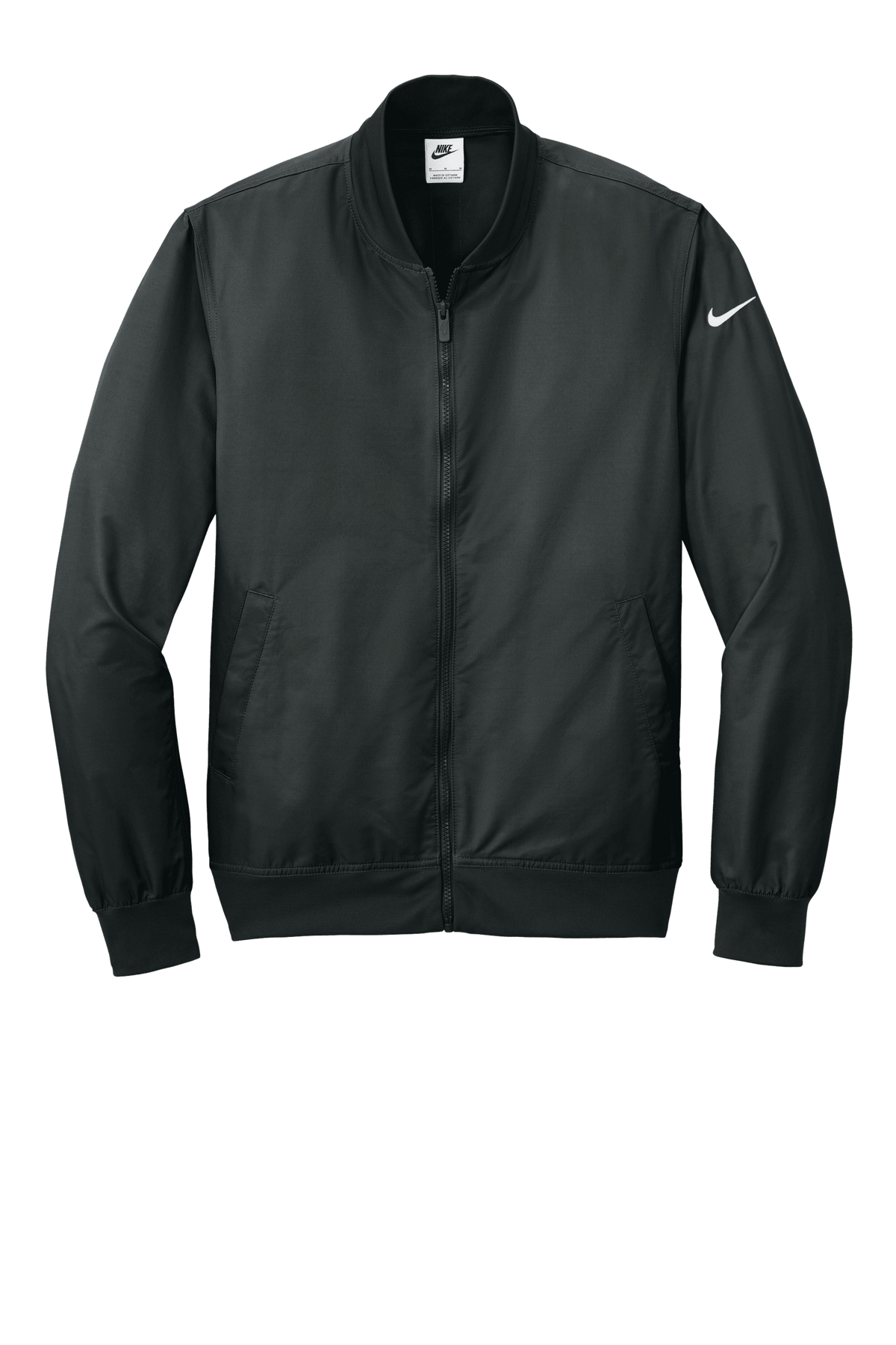 Black Nike lightweight bomber jacket with front view, featuring a sleek design and customizable print options.