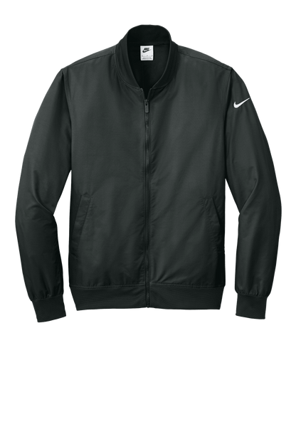 Black Nike lightweight bomber jacket with front view, featuring a sleek design and customizable print options.