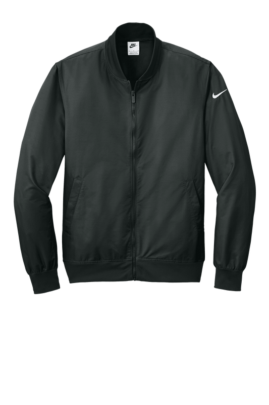 Black Nike lightweight bomber jacket with front view, featuring a sleek design and customizable print options.
