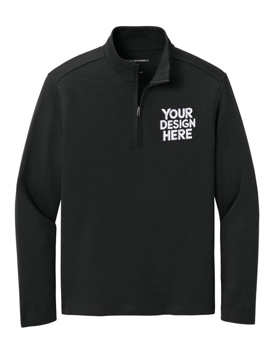 Black lightweight quarter zip sweatshirt by Print-View with custom embroidery, shown with a close-up of the embroidered design.
