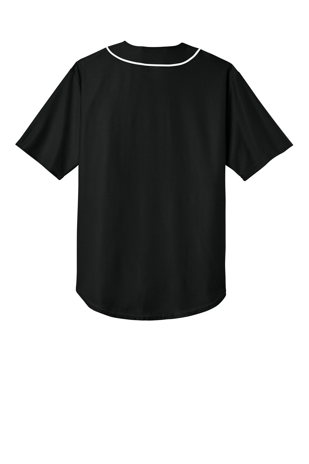 Black short sleeve baseball jersey with full button front and moisture-wicking fabric, designed for team uniform use.