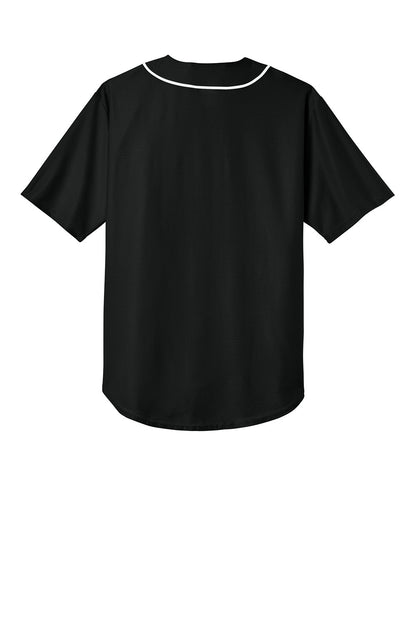 Black short sleeve baseball jersey with full button front and moisture-wicking fabric, designed for team uniform use.