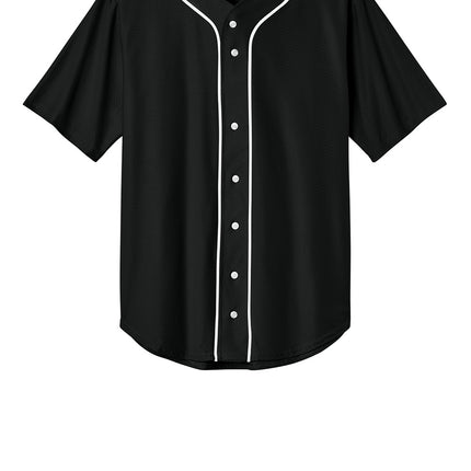 Black baseball jersey with white accents and customizable embroided name and number
