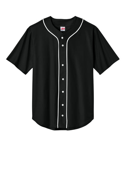 Black Print-View short sleeve baseball jersey with full button front, moisture-wicking team uniform for athletic performance.