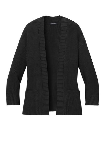 Black Mercer+Mettle women's open front cardigan with customizable half-shaker knit, displayed from the front view.