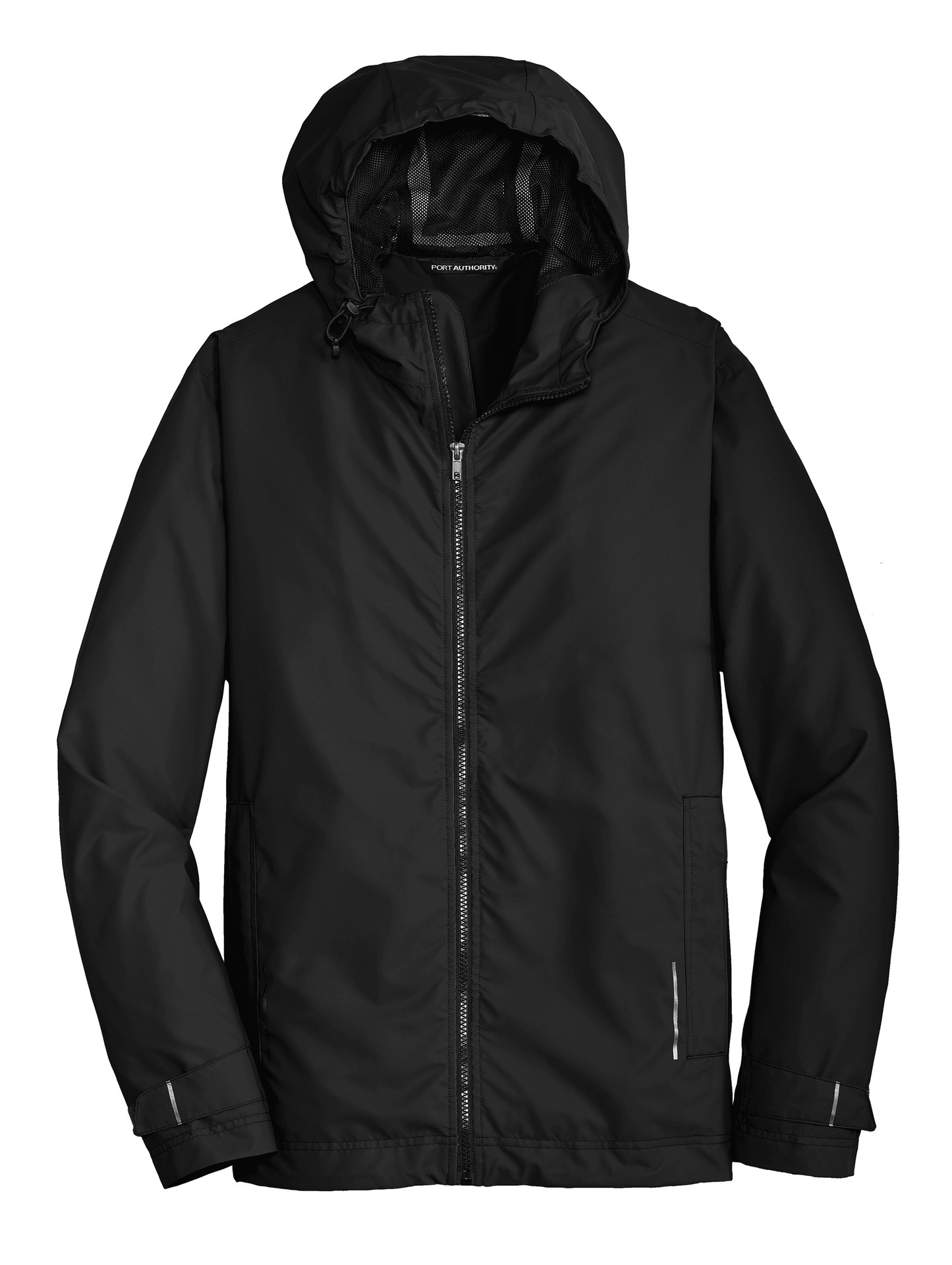 Port Authority waterproof rain jacket with printed view, black design, showcasing its waterproof fabric and stylish print details.
