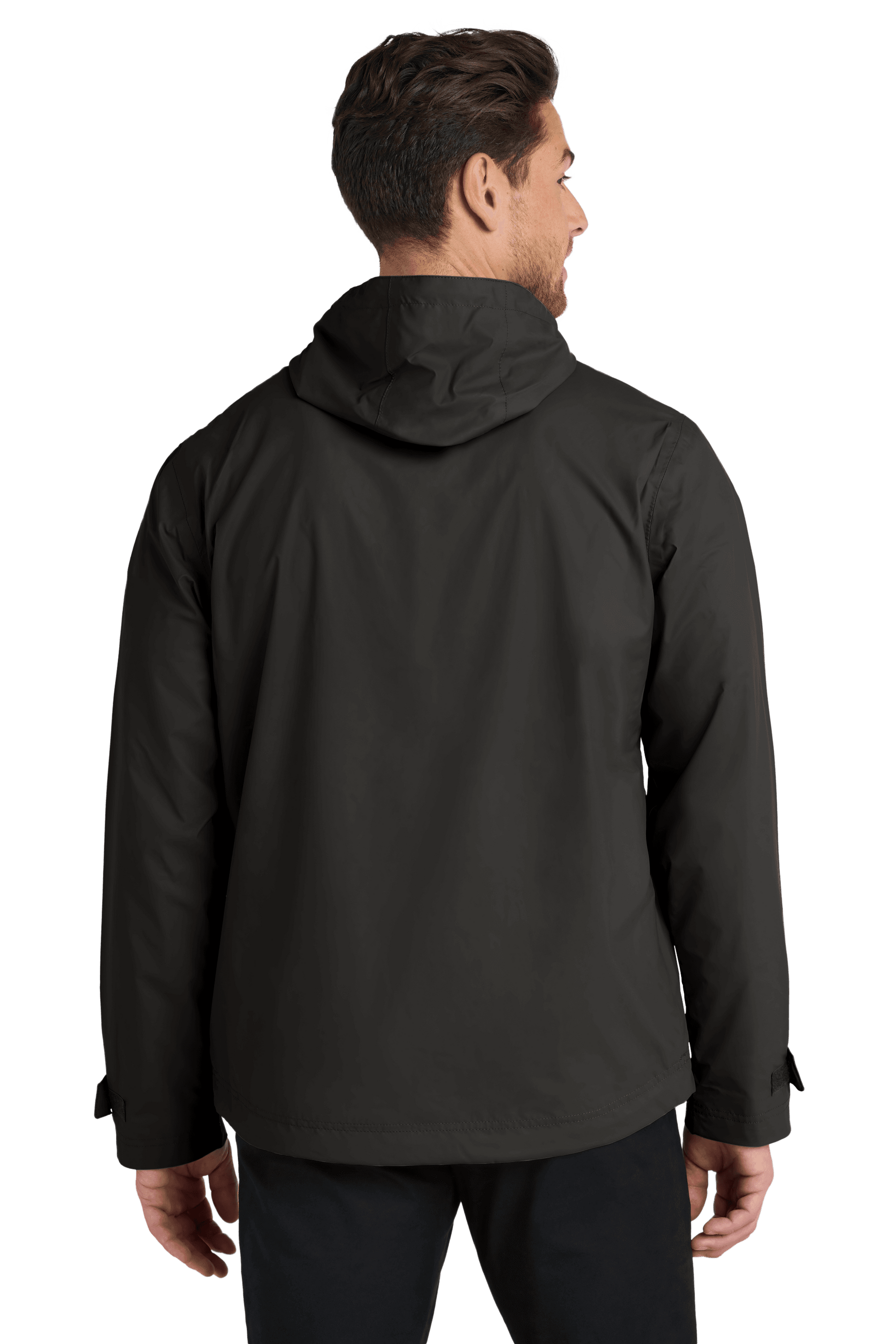 Port Authority black waterproof rain jacket with printed design, showcasing its durable, lightweight outdoor rainwear.