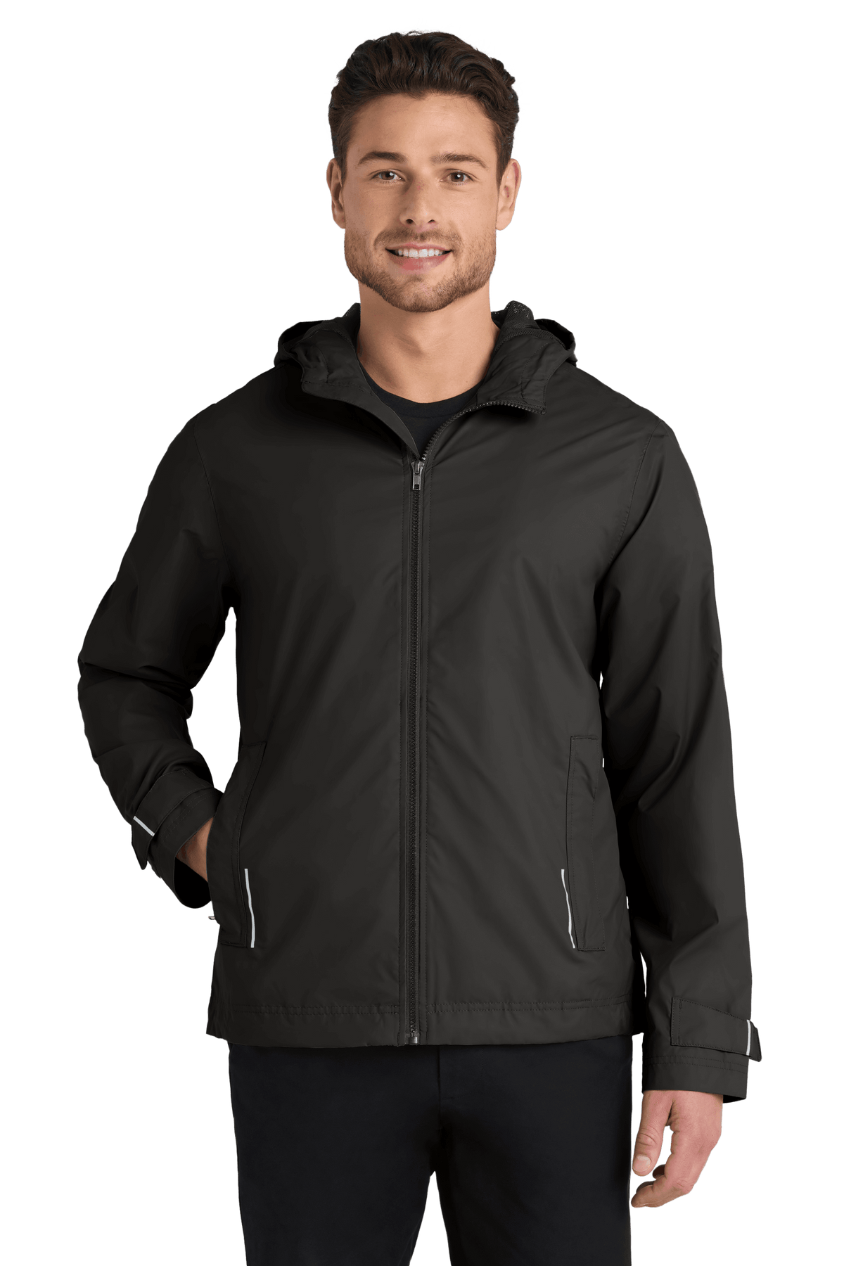 Port Authority waterproof rain jacket in black with printed design, showcasing a stylish, lightweight waterproof rain jacket for outdoor wear.