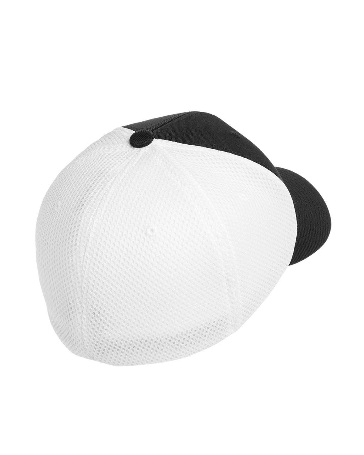 Black and white fitted mesh cap by Print-View, showing the back view with customizable print and classic design.