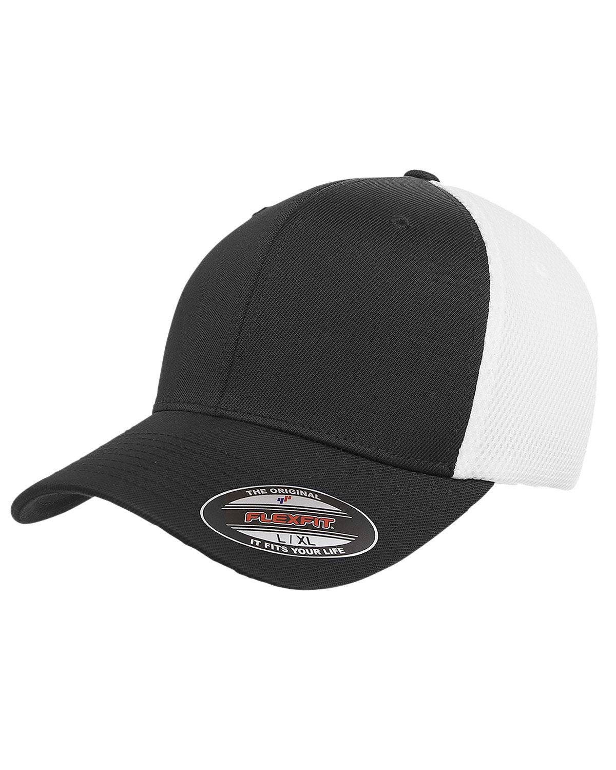 Black and white fitted mesh cap with print design from Print-View, shown from the left side.