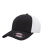 Black and white fitted mesh cap by Print-View, showing the right side with a sleek, customizable design for stylish headwear.