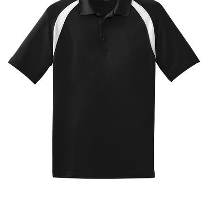 Custom Dry Zone colorblock raglan polo, black/white, front view, lightweight mini pique.