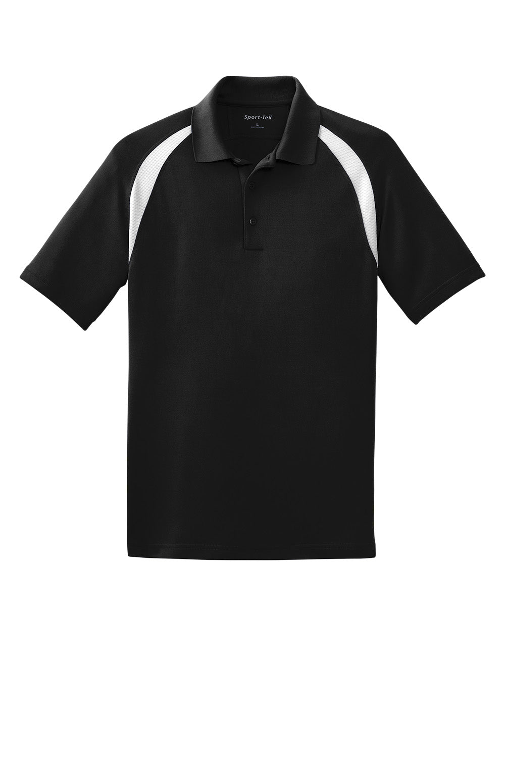 Black and white men's Custom Dry Zone Colorblock Raglan Polo shirt from Print-View, flat front view showing colorblock design.