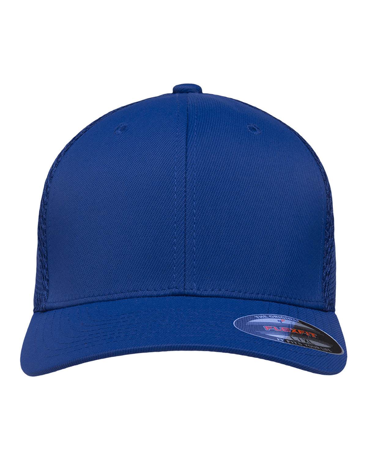 Blue fitted mesh cap by Print-View featuring a customizable print design, made from lightweight ultra fiber material.