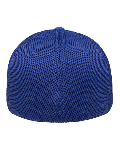 Blue fitted mesh cap by Print-View with printed design, showcasing the back view of this stylish, customizable fitted hat.