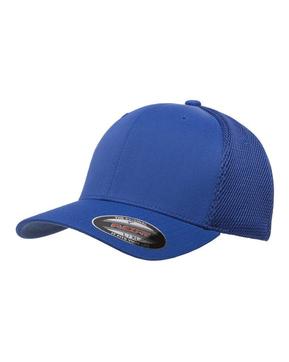 Blue fitted mesh cap by Print-View with print design, shown from the left side, ideal for custom or plain styles.