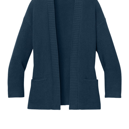 Blue ribbed collar lapel on Mercer+Mettle customizable cardigan front view