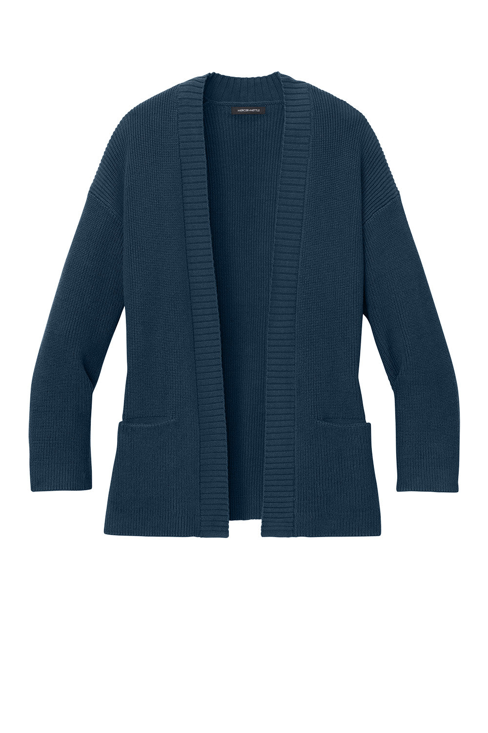 Blue Mercer+Mettle women's open front cardigan with customizable half-shaker knit, shown from back view.