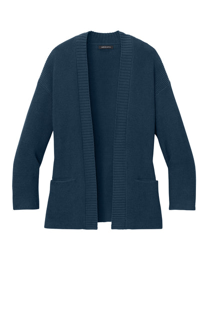 Blue Mercer+Mettle women's open front cardigan with customizable half-shaker knit, shown from back view.