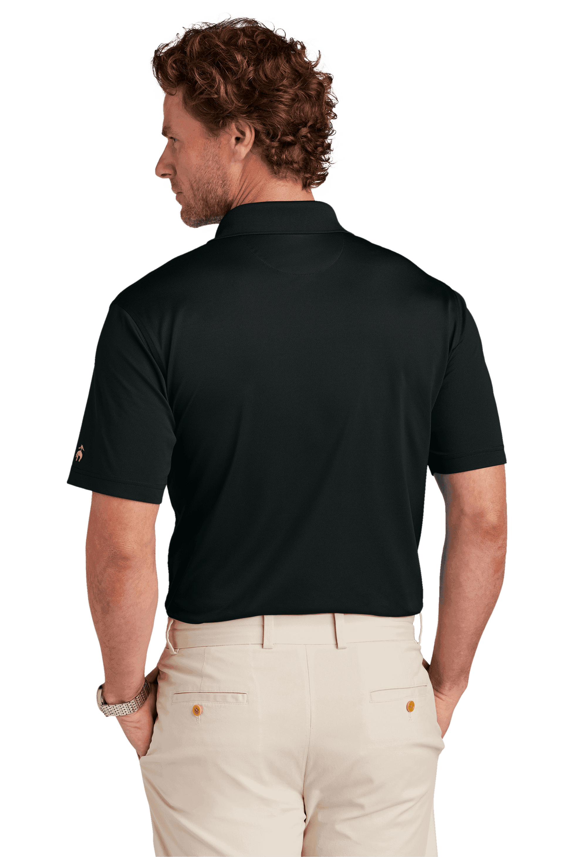 Brooks Brothers men's black mesh pique performance polo shirt with classic fit, moisture-wicking fabric, displayed from the back.