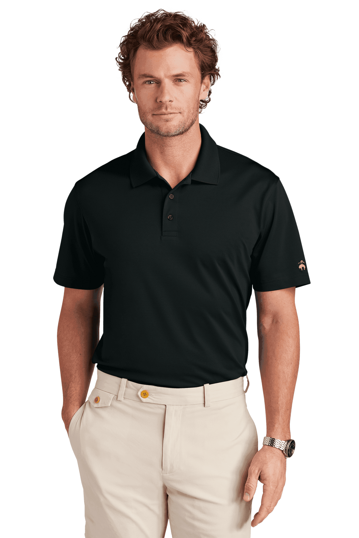 Men's black Brooks Brothers Mesh Pique Performance Polo shirt with classic fit and moisture-wicking fabric, front view.