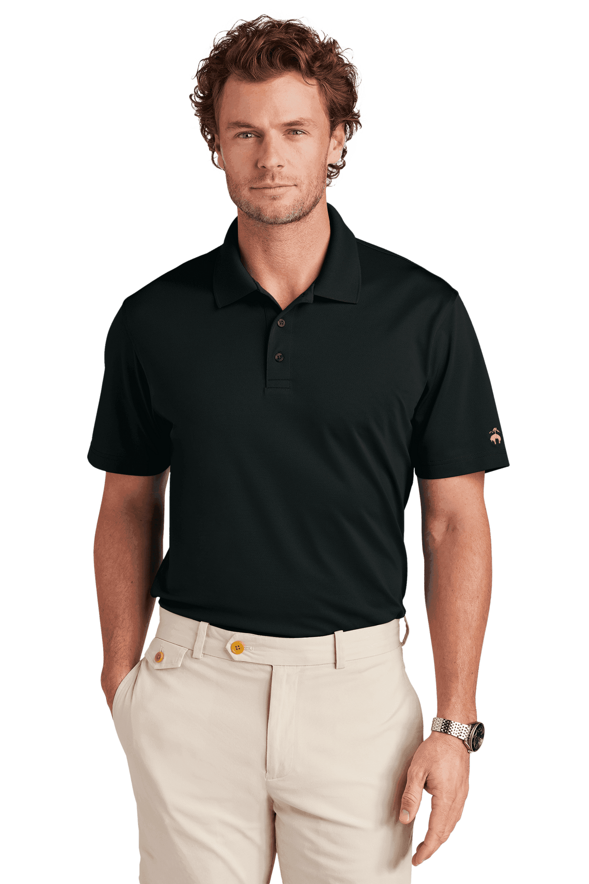 Men's black Brooks Brothers Mesh Pique Performance Polo shirt with classic fit and moisture-wicking fabric, front view.