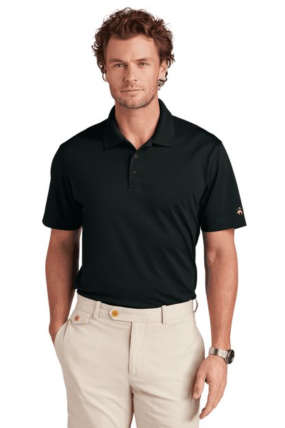 Men's black Brooks Brothers Mesh Pique Performance Polo shirt with classic fit and moisture-wicking fabric, front view.