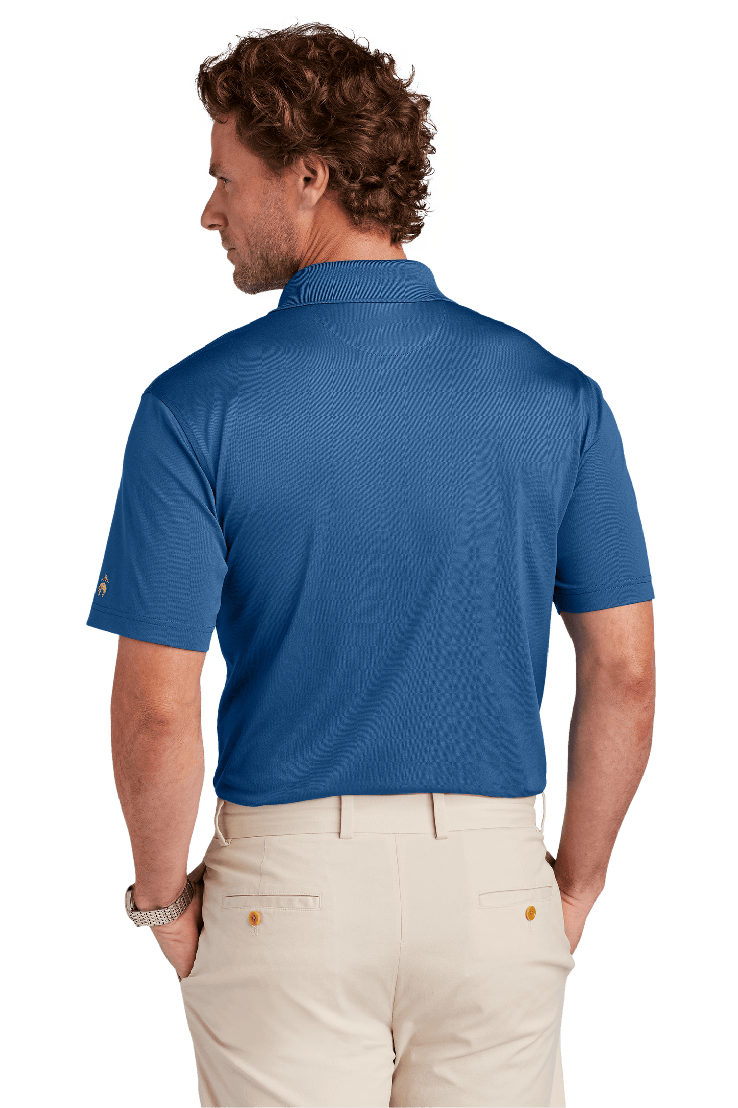 Men's Brooks Brothers Mesh Pique Polo in classic fit with moisture-wicking fabric, shown in blue from the back.