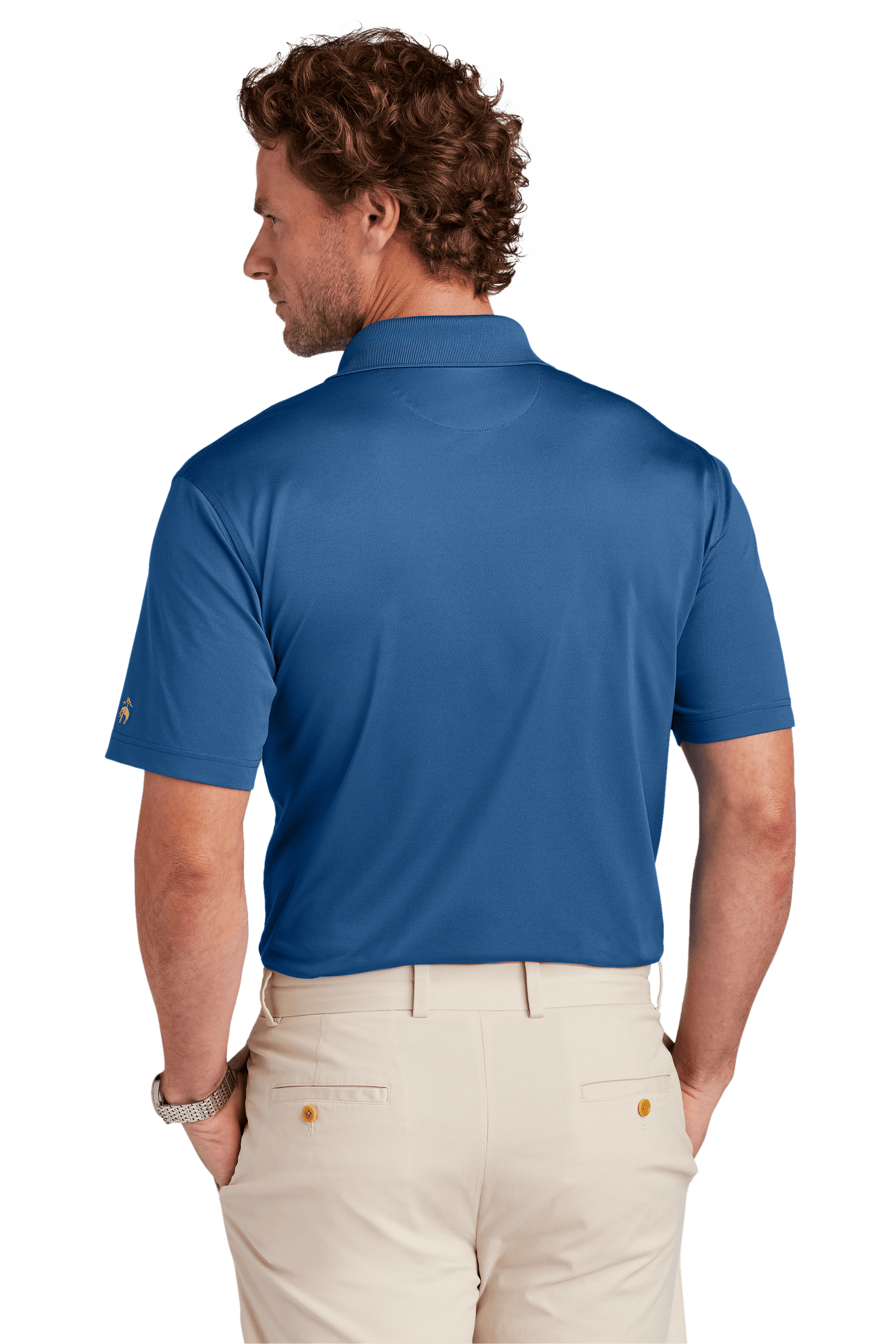 Men's Brooks Brothers Mesh Pique Polo in classic fit with moisture-wicking fabric, shown in blue from the back.